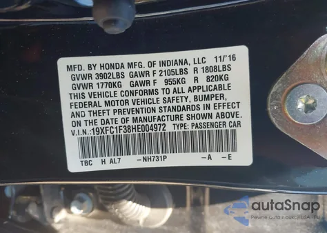 2017 Honda Civic Ex-T из США, поврежденный, VIN 19XFC1F38HE004972